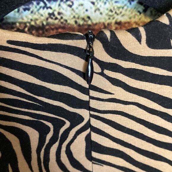 Jude Connally Black Tan Animal Print Stretch Midi Oversized Dress Size M - Picture 13 of 16